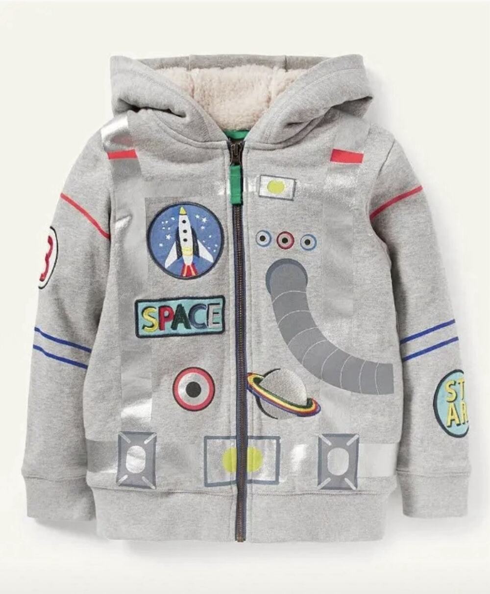 Mini Boden Astronaut Hoodie — 8–9Y Grey Sherpa-Lined Space Suit Graphic Costume
